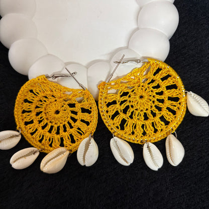 Handmade Beaded Thread Knitted Round Shape Designer Earrings(yellow)