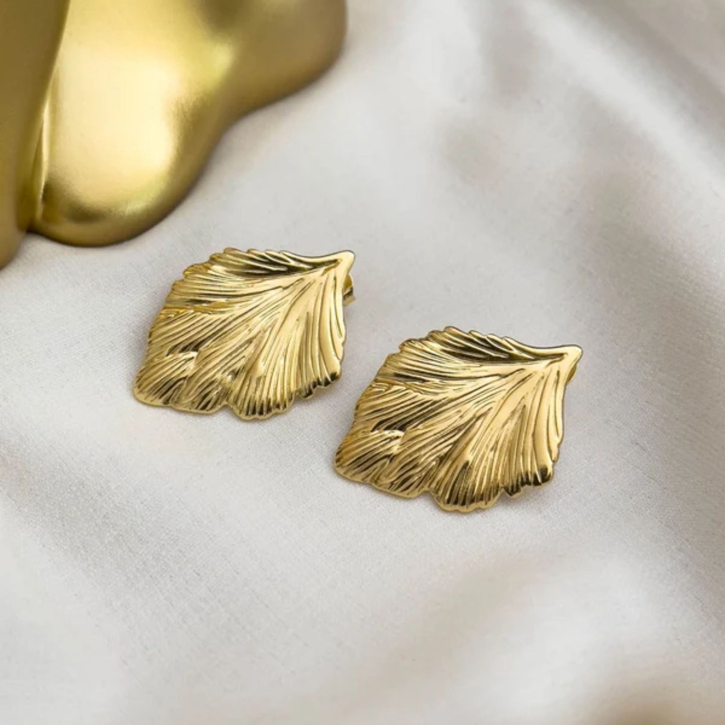 Stainless Steel Golden Sculpted Leaf Stud Earrings For Women & Girls(Anti-Tarnish)
