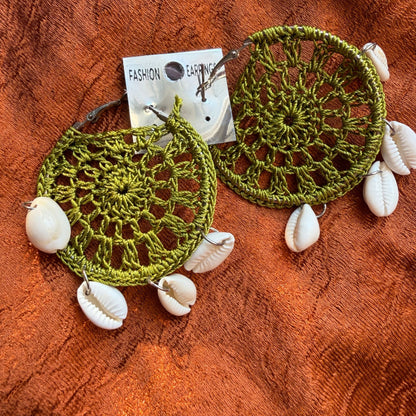 Handmade Beaded Thread Knitted Round Shape Designer Earrings(olive green)
