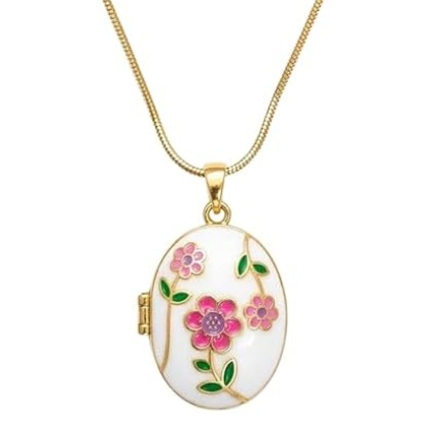 Stainless Steel Gold Plated Floral Enamel Openable Photo Locket Pendant Necklace for Women(White)