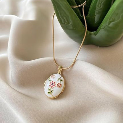 Stainless Steel Gold Plated Floral Enamel Openable Photo Locket Pendant Necklace for Women(White)
