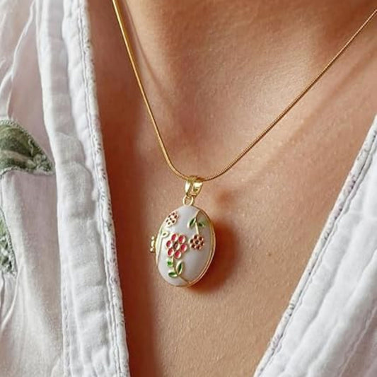 Stainless Steel Gold Plated Floral Enamel Openable Photo Locket Pendant Necklace for Women(White)