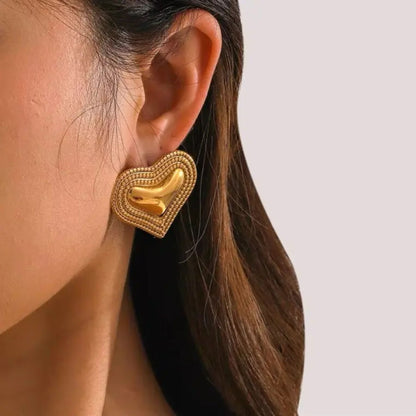 Stainless Steel Gold Plated Heart Shaped Oversized Korean Stud Earrings For Women (Anti-Tarnish)