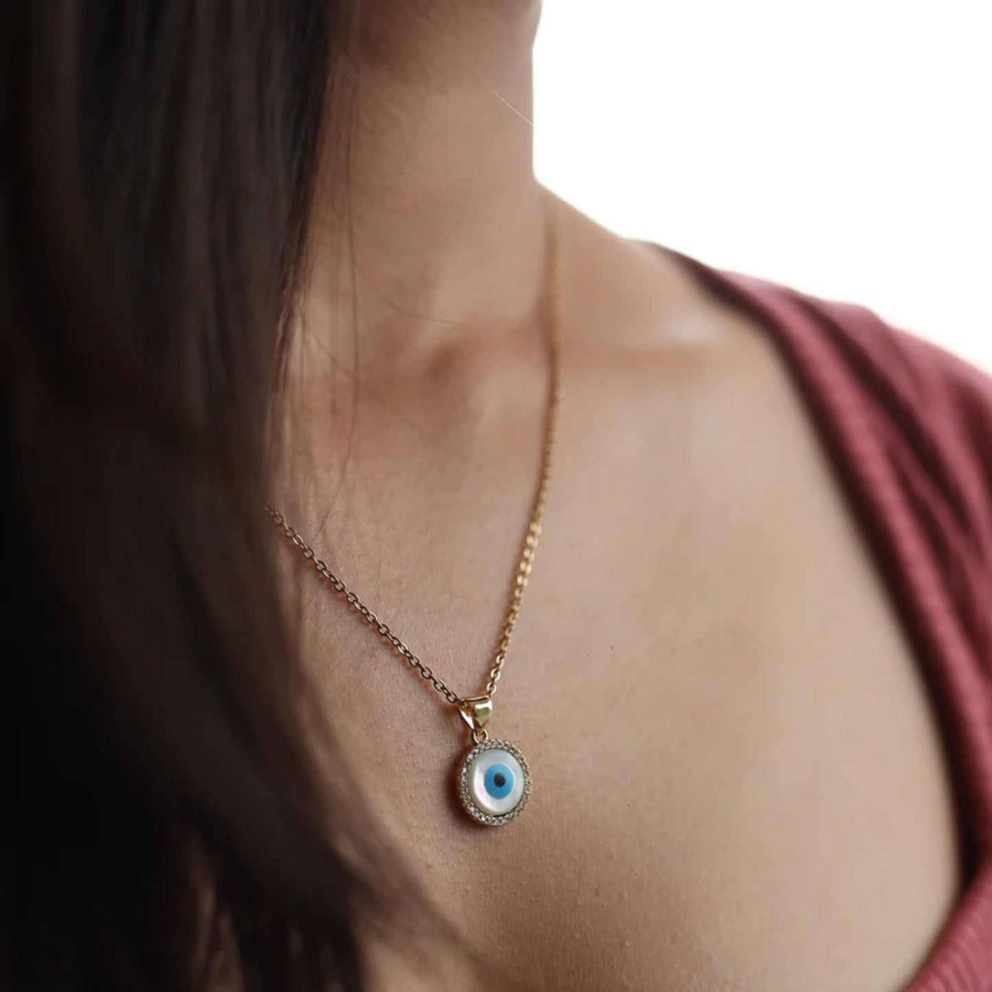 Stainless Steel Gold Plated Round Evil Eye Necklace for Woman
