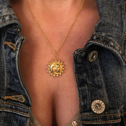 Stainless Steel Gold Plated Gold Sun and Moon Neckalce(Anti-Tarnish)
