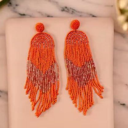 Handmade Beaded Bohemian  statement Tassel Earrings(orange)