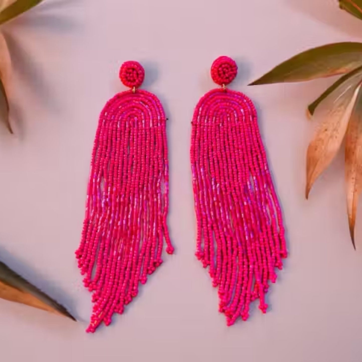 Handmade Beaded Bohemian  statement Tassel Earrings(pink)