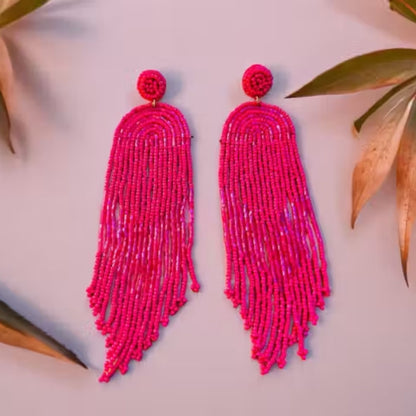 Handmade Beaded Bohemian  statement Tassel Earrings(pink)