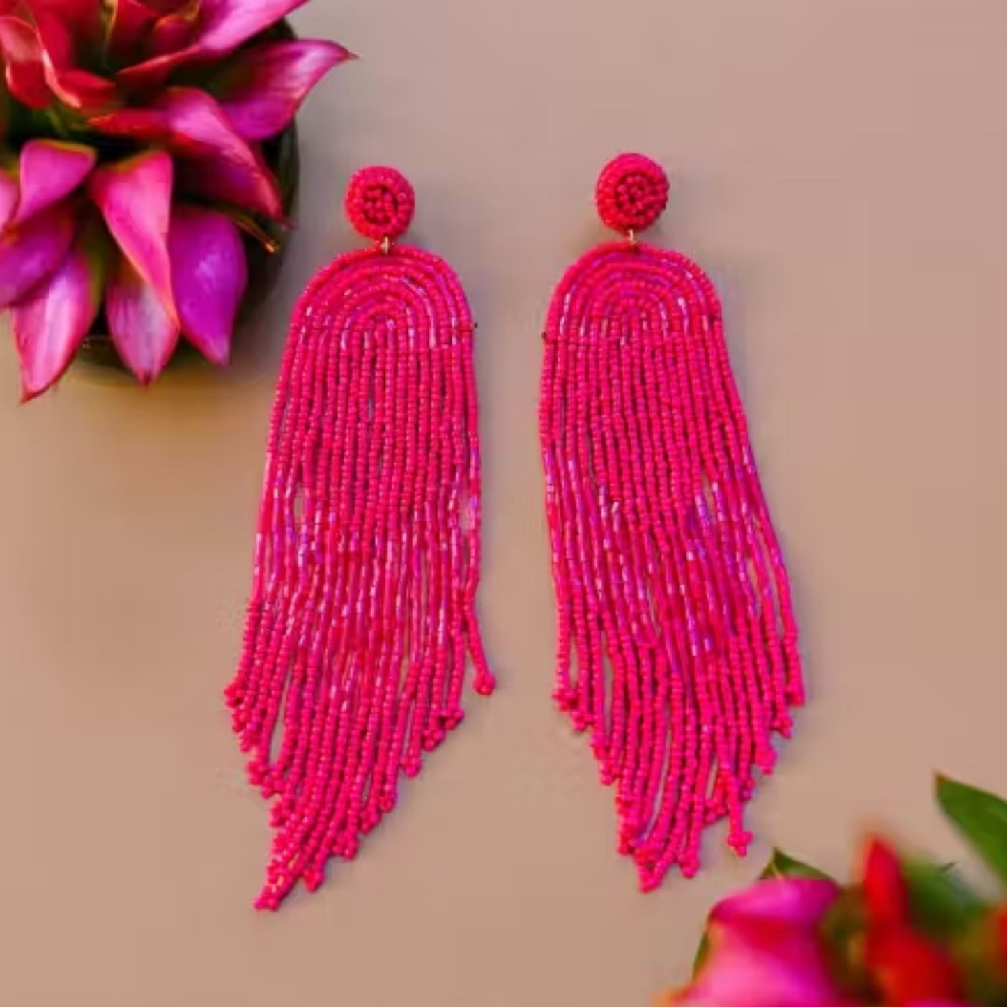Handmade Beaded Bohemian  statement Tassel Earrings(pink)