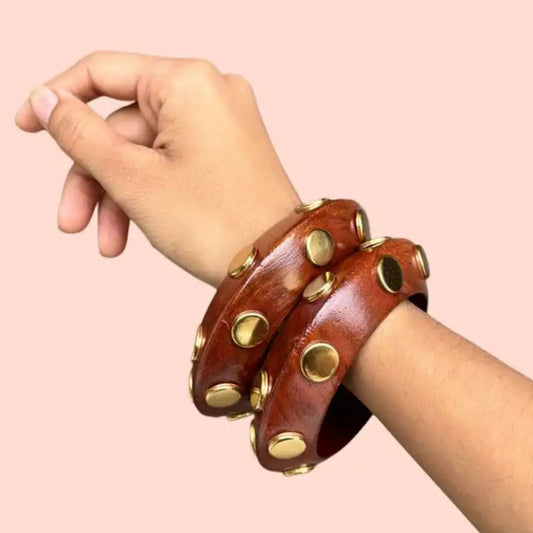 Wooden Polka Thin Round Bangles with Brass Charms
