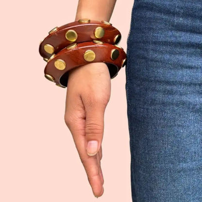 Wooden Polka Thin Round Bangles with Brass Charms